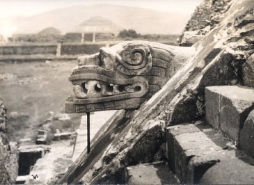 Featured is a real photo postcard view (macro) of the Mexican Feathered Serpent Head ... most likely the photo was taken at Teotihuacan, Mexico.  The original unused postcard is for sale in The unltd.com Store.